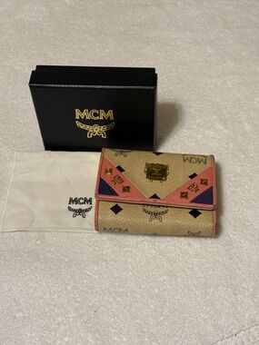 MCM Visetos Leather Tri-Fold Compact Wallet  in Beige with Pink & Purple Trim